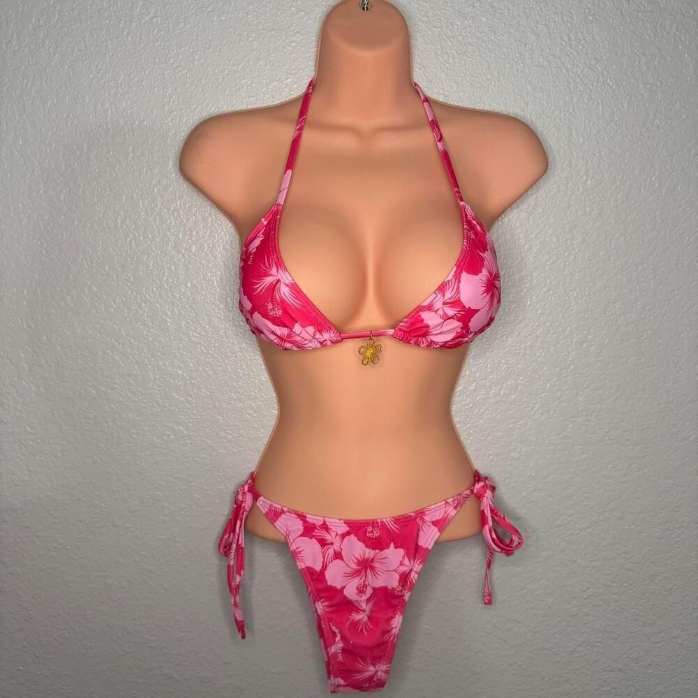 Pink floral bikini with gold charm